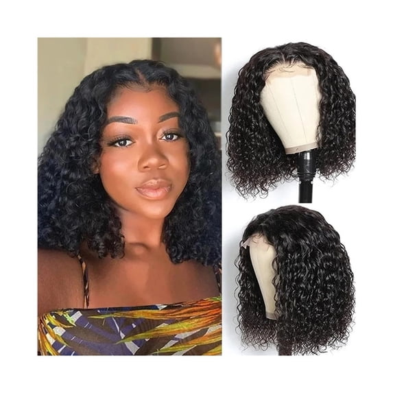 Short Curly Bob Wig Brazilian Human Hair Curly Side Part Lace Front Wig 180% Density