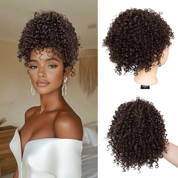 Short Curly Drawstring Ponytail Extension for Black Women Synthetic Short Afro Kinky Curly Ponytail Drawstring Extension Messy Bun Hair Piece Protective Style for Daily Party Use 10Inch