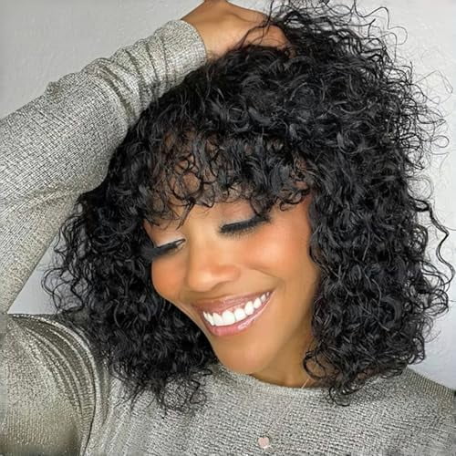 Short Curly Human Hair Wig with Bangs Short Curly Bob Wig Human Hair with Bangs Water Wave Glueless Bob Wig Wear and Go No Lace 180% Density Brazilian Virgin Human Hair  Black 12 Inch