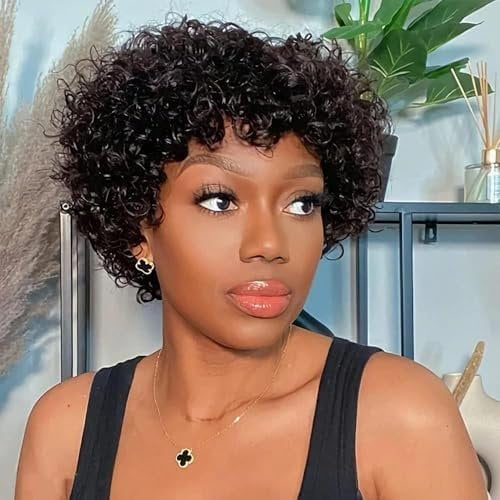 Short Curly Human Hair Wig Pixie Cut Mullet Full Machine Made Human Hair Wigs For Women Glueless Pixiecut Curly Wigs Brazilian  Virgin Human Hair Wig Dovetail Wear And Go Human Hair Wigs