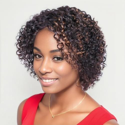 Short Curly Human Hair Wigs for Mature Black Women Lightweight Breathable Highlight Wig Ombre Black and Copper Brazilian Hair 1B/30 Kinky Curly Wigs for Summer