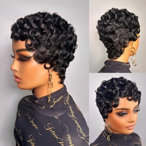 Short Curly Pixie Cut Wig for Black Women Human Hair 1B Color Finger Wave Style with Pin Curls Glueless Pixie Wig Short Layered Brazilian Virgin Human Hair Wigs for Daily Use