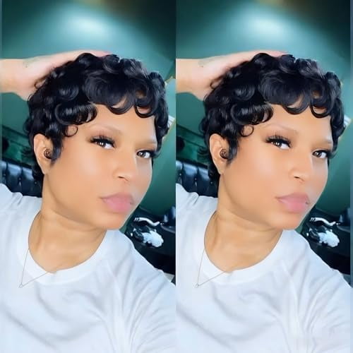 Short Curly Pixie Cut Wig for Black Women Human Hair Elegant Layered pixie Cut Human Hair Wigs With Bangs No Glue short Curly Human Hair Wig for Daily Use