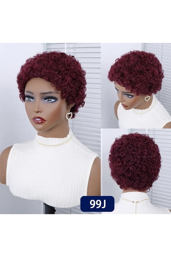 Short Curly Pixie Cut Wig Human Hair Wigs Glueless Machine Made Wig Cheap Short Wigs Human Hair 180% Density 99J Burgundy Colored