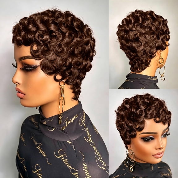 Short Curly Wig for Black Women Chocolate Brown100% Brazilian Human Hair Finger Wave Pixie Cut Wig 150% Density Natural Looking Full Wig Real Human Hair Wig for Daily Wear Party Cosplay