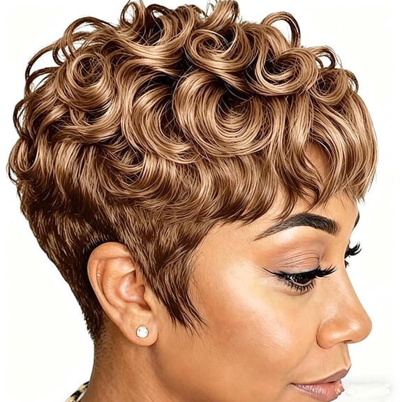 Short Curly Wigs for Black Women Brown Pixie Wigs for Women | Curly Pixie Wigs with Bangs Natural Looking Glueless Daily Wear Party Cosplay Everyday Use Wear Hair Wig
