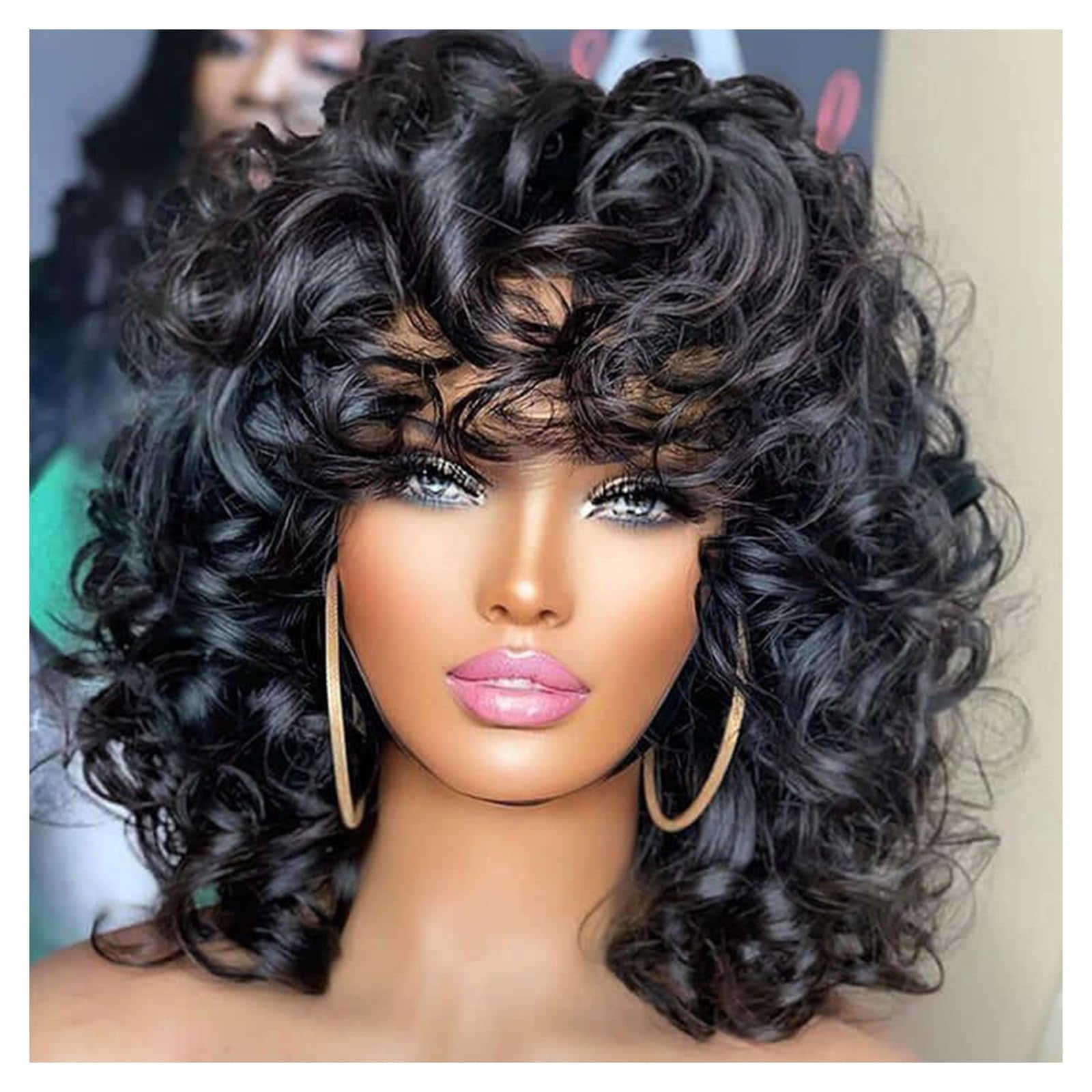 KAGDIDA, Short Curly Wigs, Black, Synthetic Hair, 12 Inches 