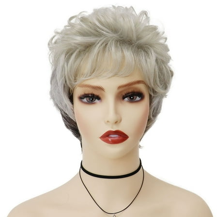 Short Curly Wigs for Elderly Women in Heat Resistant Synthetic Hair Petite Size Ombre Grey Wig with Bangs