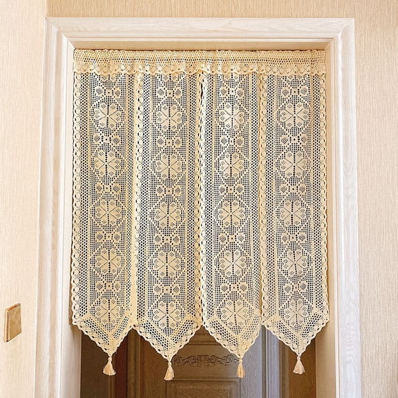 Short Curtain for Window Sheer Beige Cotton Hollow Crochet Lace Bohemian Valance Panel Drapes Half Curtain for Kitchen Café Bedroom Cabinet Curtain Door Curtain