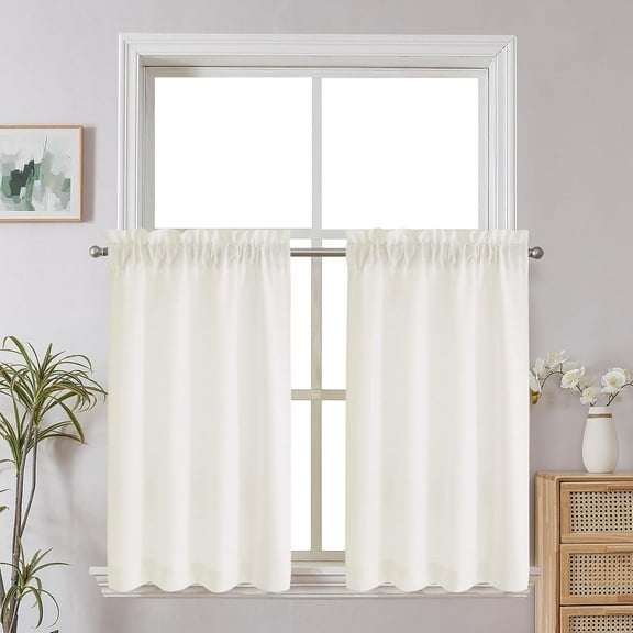 Short Curtains 36 Inch Length, Faux Linen Textured Small Kitchen Curtain, Light Filtering Yellowish Half Window Curtains for Basement Cabinet, Each 30x36 Inch, Creamprev. Ivory