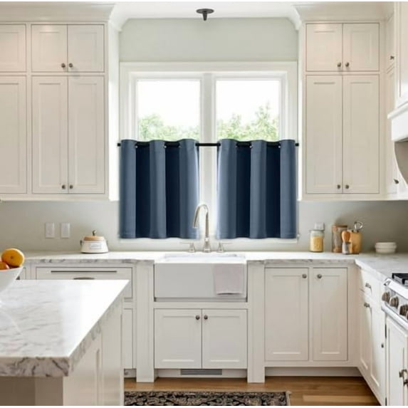 Short Curtains for Windows - Stone Blue Blackout Half Window Curtains Thermal Insulated Privacy Drapes for Kitchen Bedroom Bathroom Grommet Top Small Basement Tiers W40 x L36 Inch 2 Panels