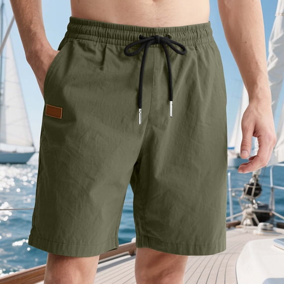 Short De Hombre Man Solid Color Fashion Fallow Pockets Tether Waist Leather Label Pants Army Green L