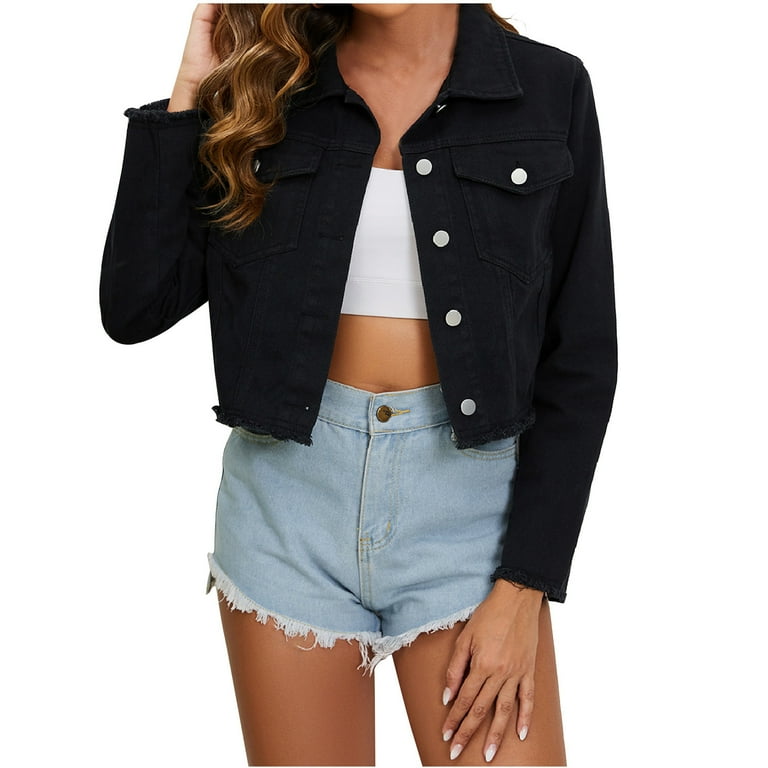 Short Denim Jacket for Women Pockets Long Sleeve Frayed Hem