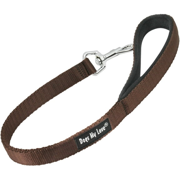 Short Dog Leash Padded Handle Wide Nylon Traffic Lead 22" Long Brown (XLarge: 1" Wide)