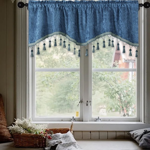 Short Drapes,Valances for Windows,Rod Pocket Scalloped Curtain Valance Lace Panels with Hanging Tassels for Farmhouse Kitchen Bedroom Window Treatments Drape(Light blue 60*16in)from ANMUYUM
