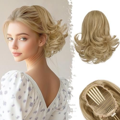 Short Drawstring Ponytail - 10 Inch Wavy Highlight Ponytail Hair Extensions for Women - Synthetic Comb Clip in Ponytail Hairpieces  Pony Tails - Golden Blonde with Highlights