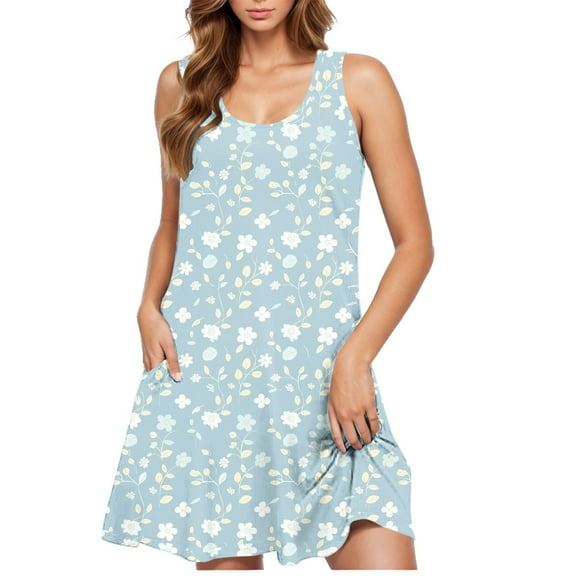 Short Dress for Women Sleeveless Crew Neck Floral Casual Print Plus Size Sundresses Beach Cover Ups M