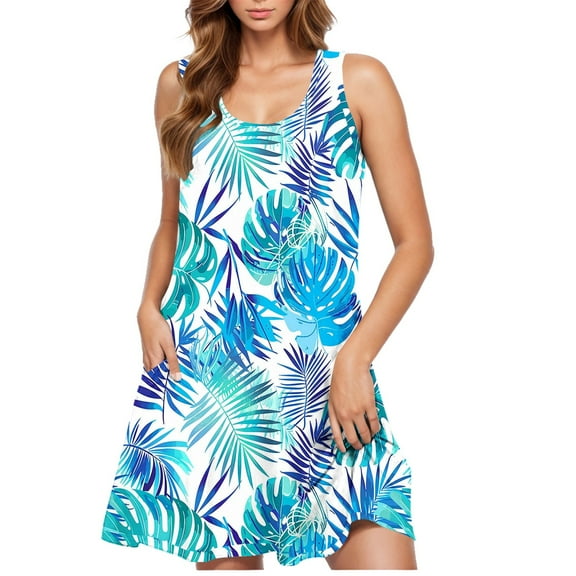 Short Dress for Women Sleeveless Crew Neck Floral Casual Print Plus Size Sundresses Beach Cover Ups M