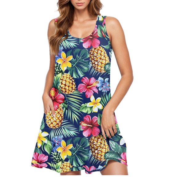 Short Dress for Women Sleeveless Crew Neck Floral Casual Print Plus Size Sundresses Beach Cover Ups M