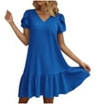 thumbnail image 1 of Short Dresses For Women 2025 Flowy Ruffle Crew Neck Solid Color Short Sleeve Pleated Mini Dresses for Women Trendy Blue XL, 1 of 9