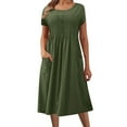 thumbnail image 1 of Short Dresses For Women Summer Casual A-Line Short Sleeve Crew Neck Solid Color Mini Short Dresses with Pockets for Women Trendy Army Green S, 1 of 6