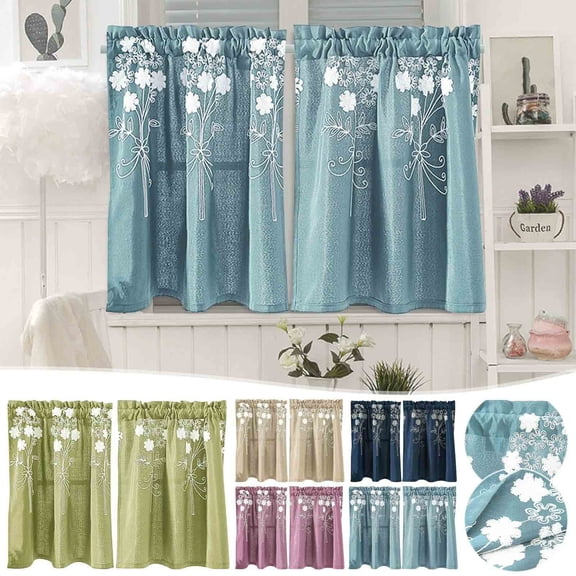 Short Embroidered Curtains Light Blocking Half Window Drapes, Bedroom Door Panel Treatment for Privacy, Cafe Curtains for Kitchen Sink Window, Small Curtains, Khaki