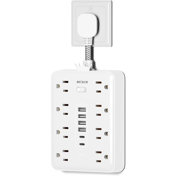 Short Extension Cord 0.082 ft - Flat Plug Small Power Strip Surge Protector with 8 Outlets, 6 USB Charging Ports (2 USB-C), Multi Plug Wall Outlet Splitter for Room, Home, Office, Dorm, White