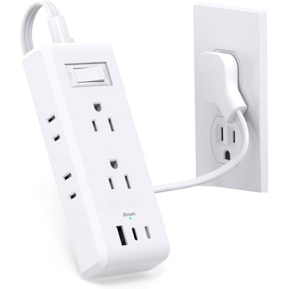 Short Extension Cord 1 Ft,   Thin Flat Plug Power Strip, 6 Outlets 3  Ports(2  C), Multiple Outlet Extender with Wall Mount No Surge Protector for Dorm Room Cruise Travel Essentials