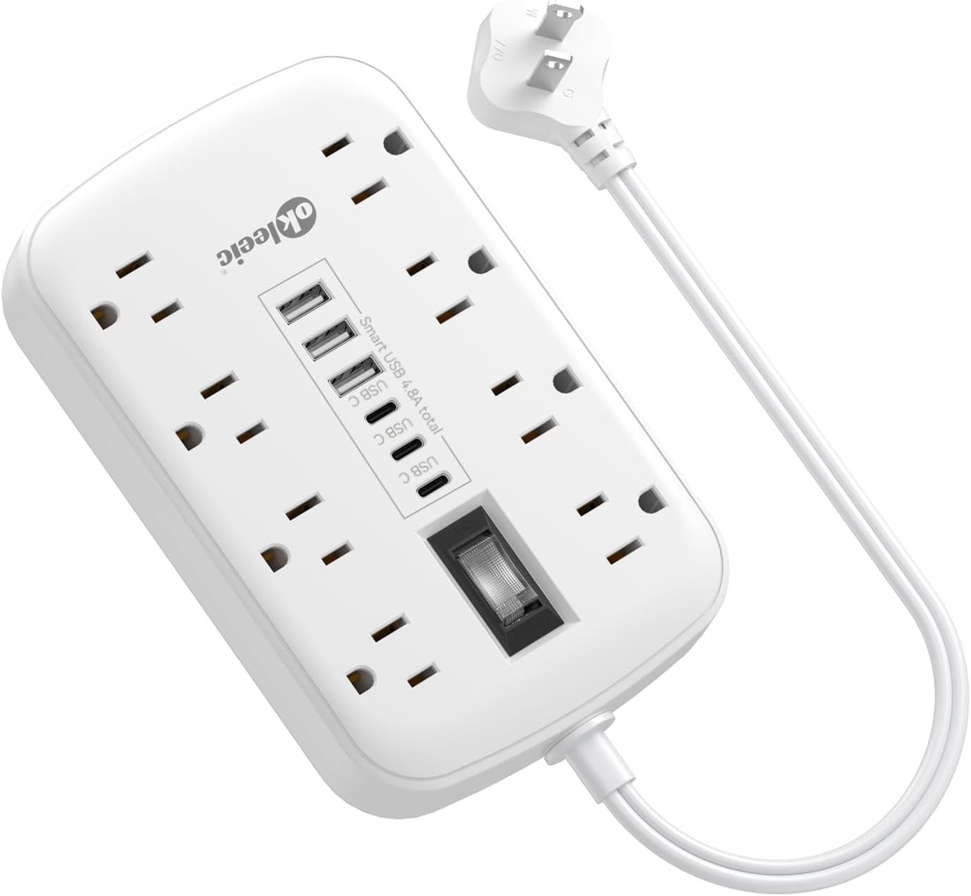 Short Extension Cord 1 ft - 2 Prong 1700J Appliance Surge Protetor with 15A 8 Outlets 6 USB (5V/4.8A 24W) Charging Ports, Multi Plug Wall Outlet Extender for Home Office Dorm Roomc, White