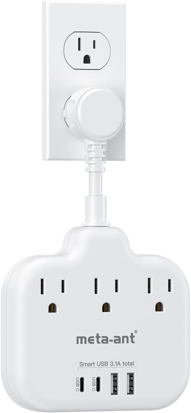 Short Extension Cord 2 inch, meta-ant Flat Outlet Extender with 3 AC Outlets 3 USB (2 USB-C) Charging Ports, Short Power Strip 1875W, Small Desk Charger, Mini Charging Station for Office Dorm Kitchen