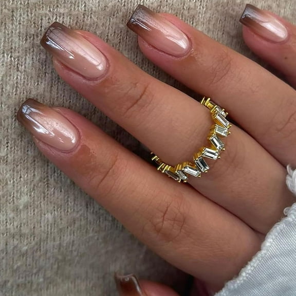 Short Fall Press on Nails Square Brown Fake Nails Full Cover Leaves False Nails with Designs Gold Foil Glitter Glossy Glue on Nails Acrylic Nails Manicure Artificial Nails for Women Girls Square