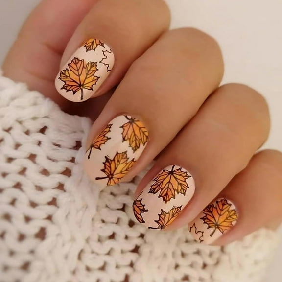 Short Fall Press on Nails Square Brown Fake Nails Full Cover Leaves False Nails with Designs Gold Foil Glitter Glossy Glue on Nails Acrylic Nails Manicure Artificial Nails for Women Girls Fall