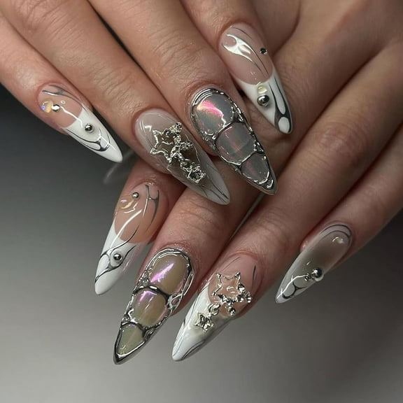 Short False Nails, Almond Nude White French Gradient Black 3D Chrome Pearl Silver Fire Rhinestones Cool Y2K Coquette Gothic Press on Nails with Nail Glue, Fantasy Gray Fake Nails