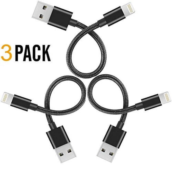 Short Fast Charging Lightning Cable, Nylon Braided USB Cable Charge/Data Sync USB Compatible for iPhoneX Case /8/8 Plus/7/7 Plus/6/6s Plus,iPad Mini- Black 8-inch, 3-Pack