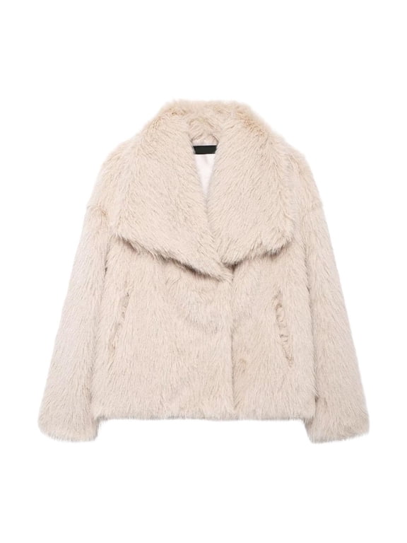 Short Faux Fur Jacket for Women Lapel Cardigan Winter Fluffy Outwear Coat for Evening Dresses Beige XS