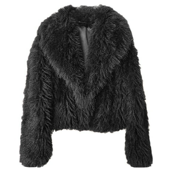 Short Faux Fur Jacket for Women Lapel Cardigan Winter Fluffy Outwear Coat for Evening Dresses Black-2 L