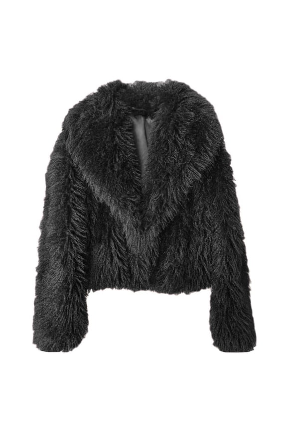 Short Faux Fur Jacket for Women Lapel Cardigan Winter Fluffy Outwear Coat for Evening Dresses Black-2 L