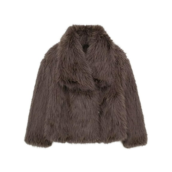 Short Faux Fur Jacket for Women Lapel Cardigan Winter Fluffy Outwear Coat for Evening Dresses Brown M