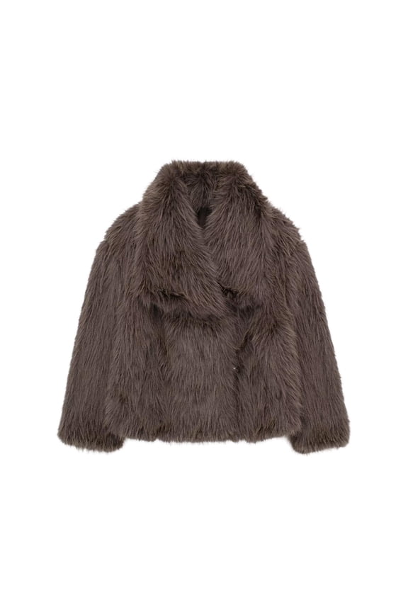 Short Faux Fur Jacket for Women Lapel Cardigan Winter Fluffy Outwear Coat for Evening Dresses Brown XS