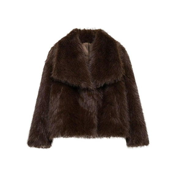 Short Faux Fur Jacket for Women Lapel Cardigan Winter Fluffy Outwear Coat for Evening Dresses Coffee S