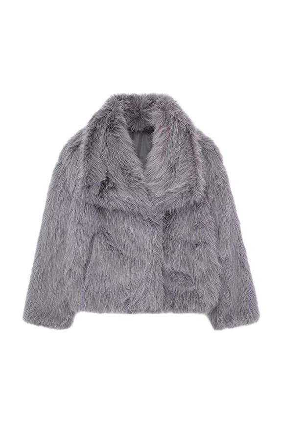 Short Faux Fur Jacket for Women Lapel Cardigan Winter Fluffy Outwear Coat for Evening Dresses Gray M