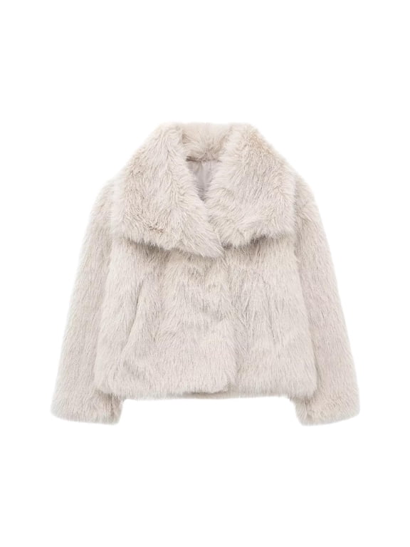 Short Faux Fur Jacket for Women Lapel Cardigan Winter Fluffy Outwear Coat for Evening Dresses Khaki L