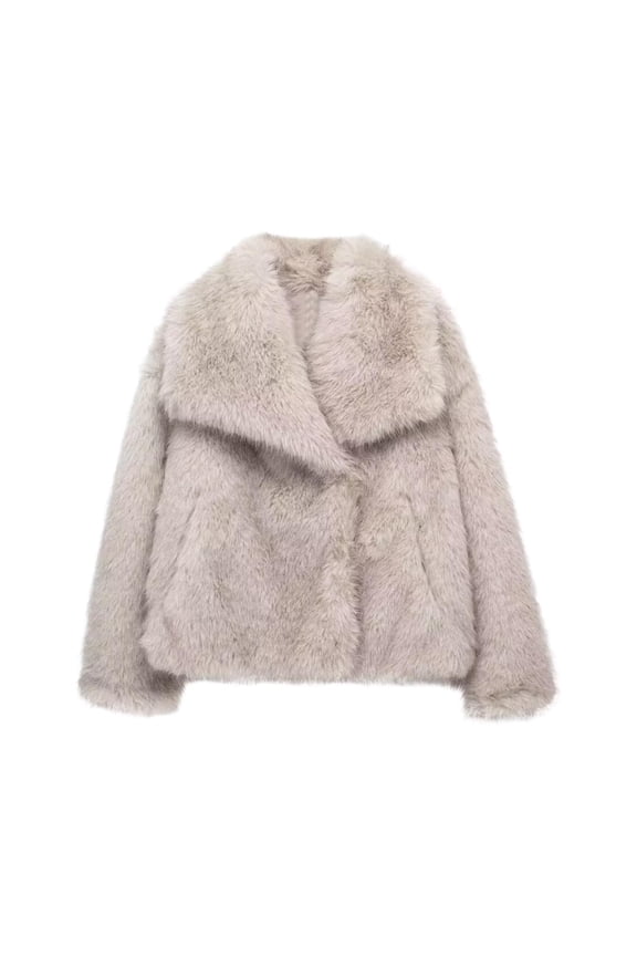 Short Faux Fur Jacket for Women Lapel Cardigan Winter Fluffy Outwear Coat for Evening Dresses Silver M
