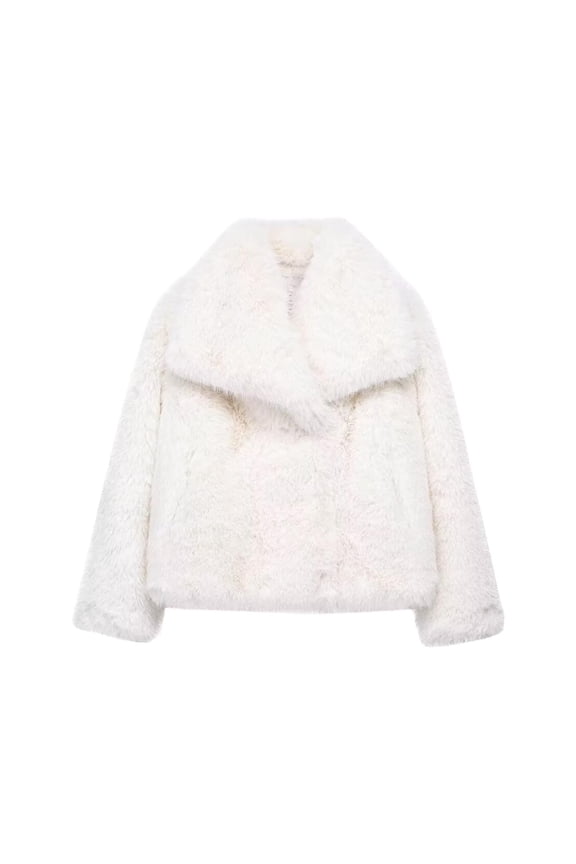 Short Faux Fur Jacket for Women Lapel Cardigan Winter Fluffy Outwear Coat for Evening Dresses White XS