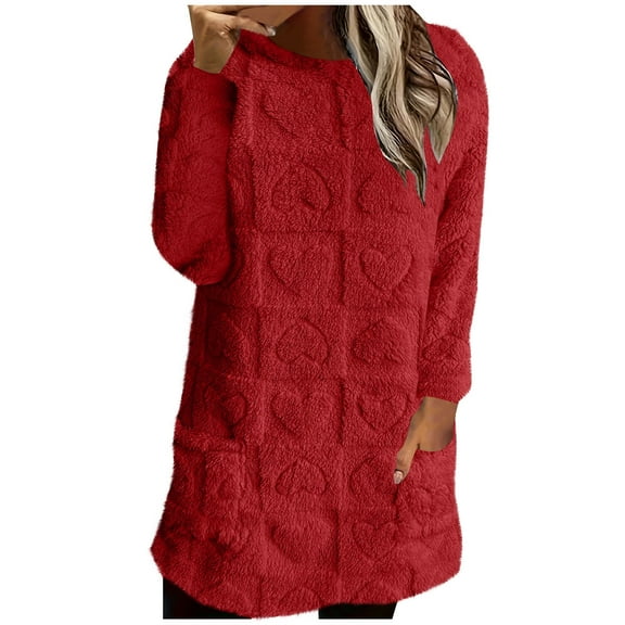 Short Fleece Nightgowns for Women Long Sleeve Crewneck Solid Heart Plush Pajama Tops with Pockets