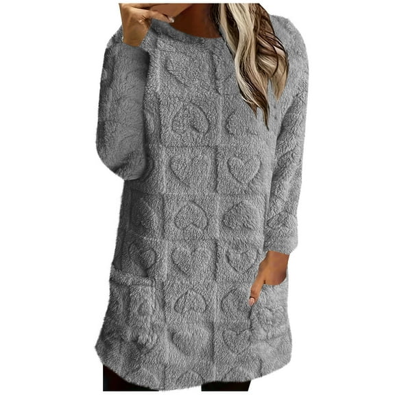 Short Fleece Nightgowns for Women Long Sleeve Crewneck Solid Heart Plush Pajama Tops with Pockets