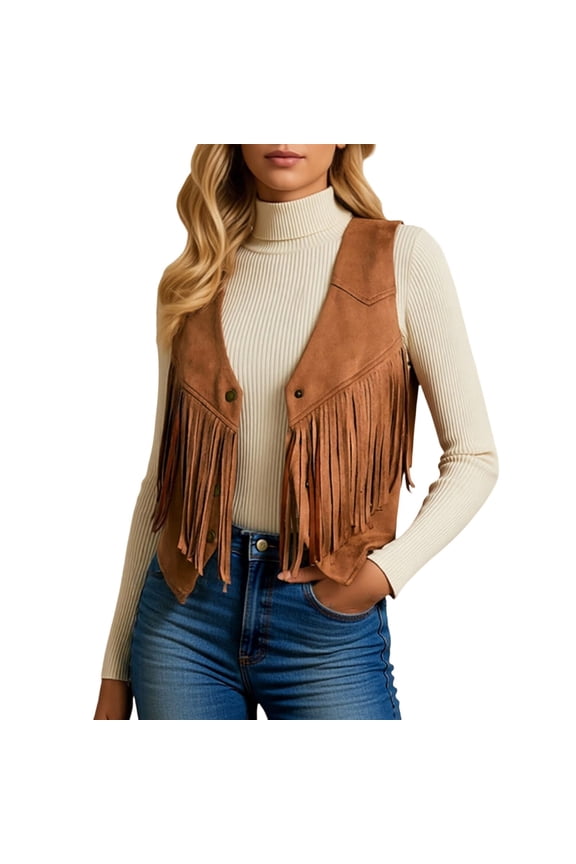 Short Fringe Vest for Women Casual Comfort Button Front Elegant Sleeveless Jacket Outerwear Brown M