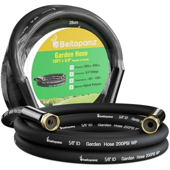 Short Garden Hose 10 ft x 5/8" Female to Female, Heavy Duty Small Water Hose Extender Connector, Leakproof Hybrid Rubber Leader Hose with 3/4" Double GHT Fittings, Drinking Water , Black