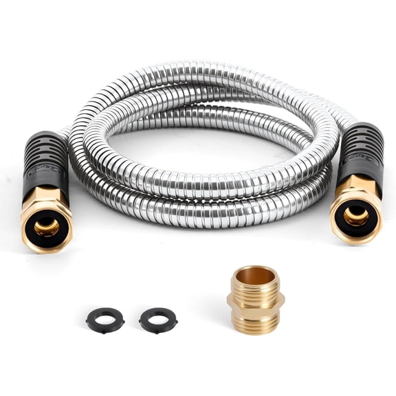 Short Garden Hose 5 ft, Small Metal Leader Hose, Drinking Water Hose, Flexible, Lightweight Stainless Steel Water Pipe for RV, Outdoor, Yard, 5ft x 5/8", Female to Female
