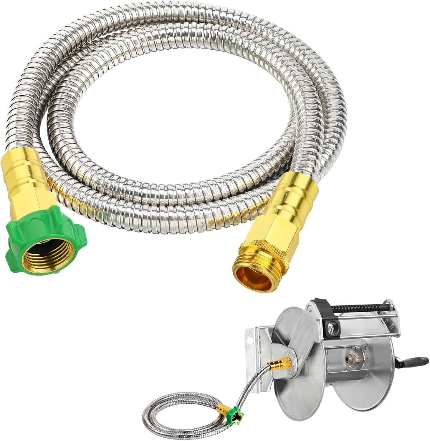 Short Garden Hose with Male to Female Connector - 5ft Metal Leakproof Leader Hose for Reel, Heavy Duty 304 Stainless Steel Flexible Water Pipe for Outdoor Garden Watering Car Pet Cleaning